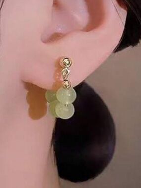 Gold Bead Hoop Earrings with Pale Green Gem Beads